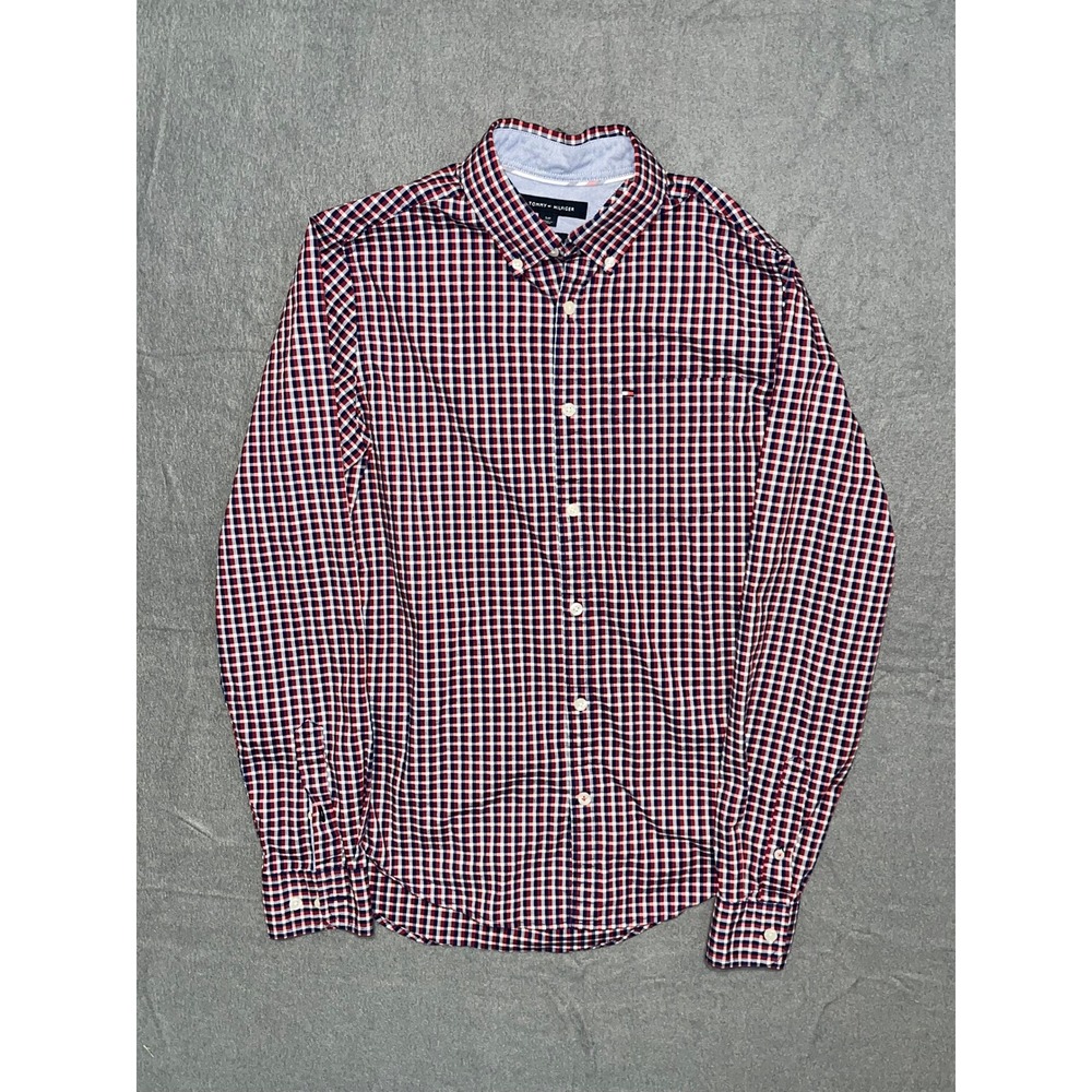 Tommy Hilfiger Mens Slim Fit Gingham Button Down Shirt Red‎ White Blue Small